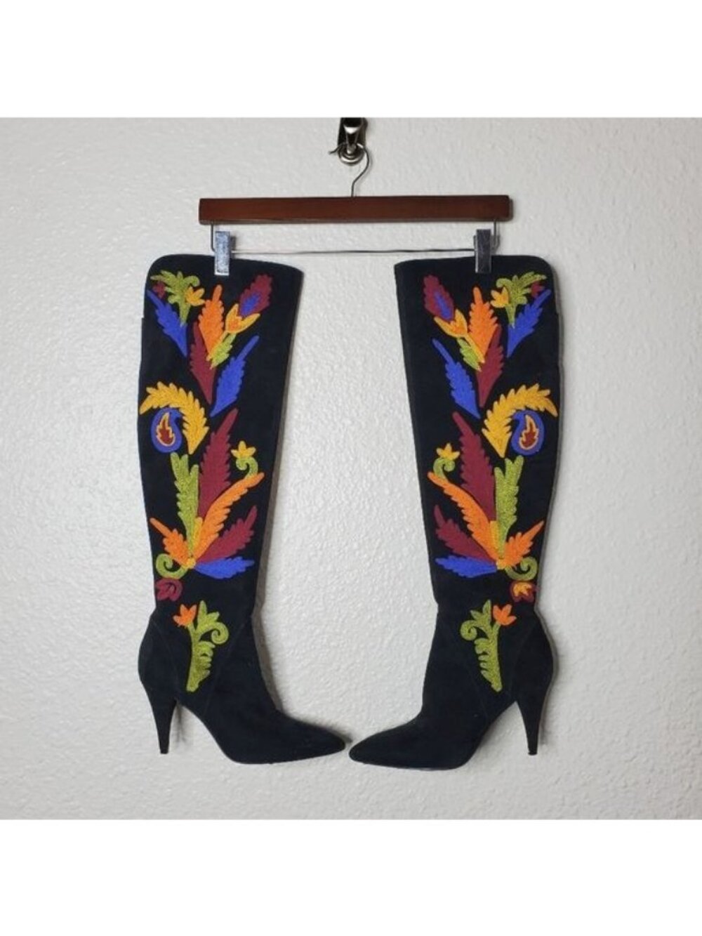 Alice + Olivia Corin Embroidered Suede Tall Heeled Boots Black Women's Size 5